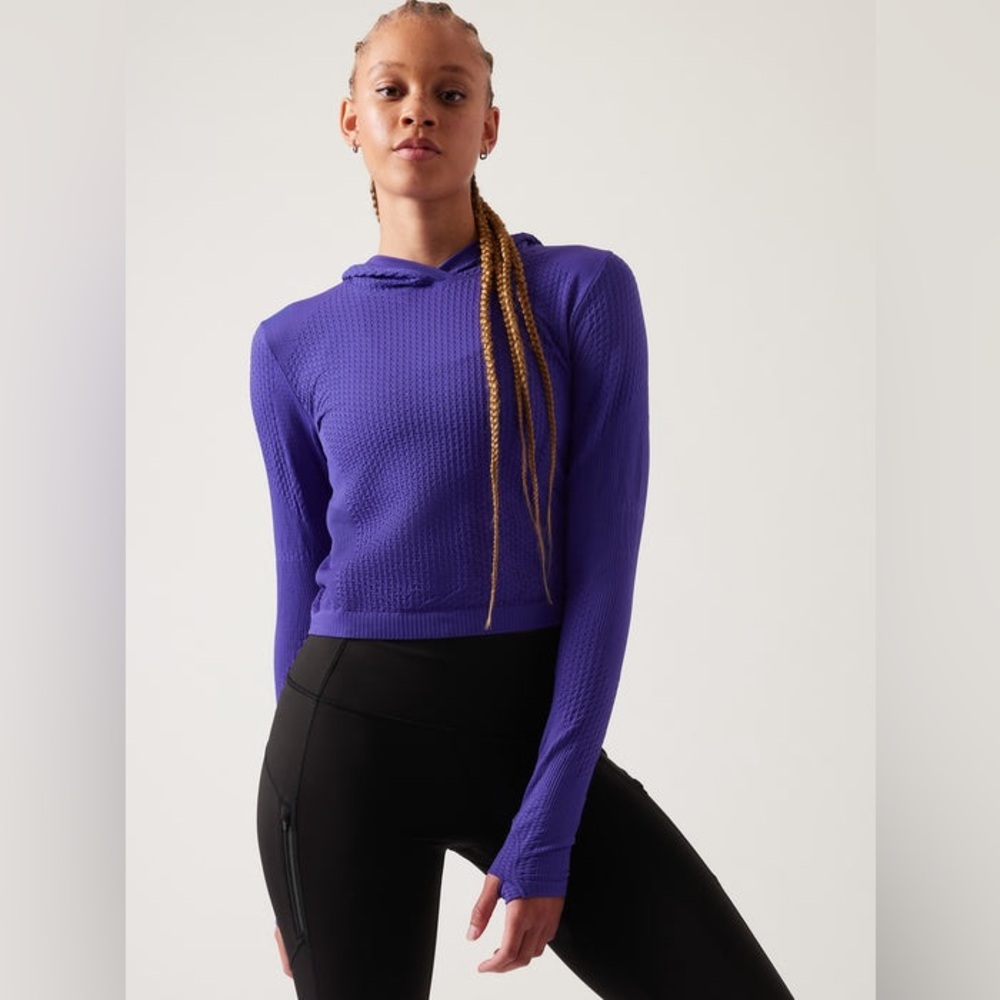 Athleta Flurry Seamless Crop Running Activewear Hoodie w/ Thumbholes Purple XXS
